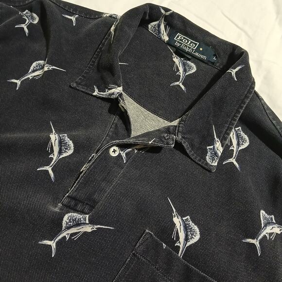 VTG POLO by Ralph Lauren large Navy Blue 100% cotton SAILFISH polo short-sleeved - Picture 6 of 12